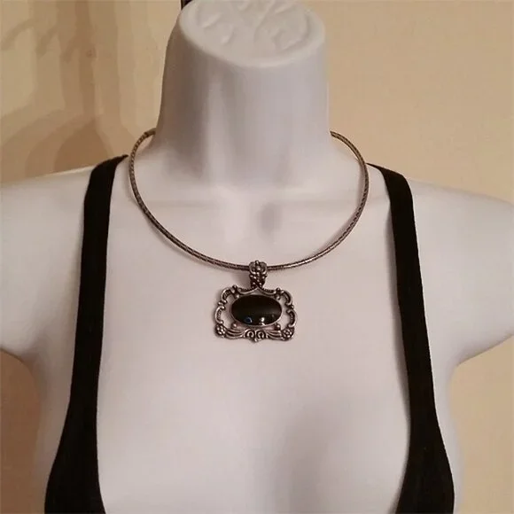 Curated bundle faux onyx pendant jewelry set necklace and bracelet silver . - Picture 2 of 4